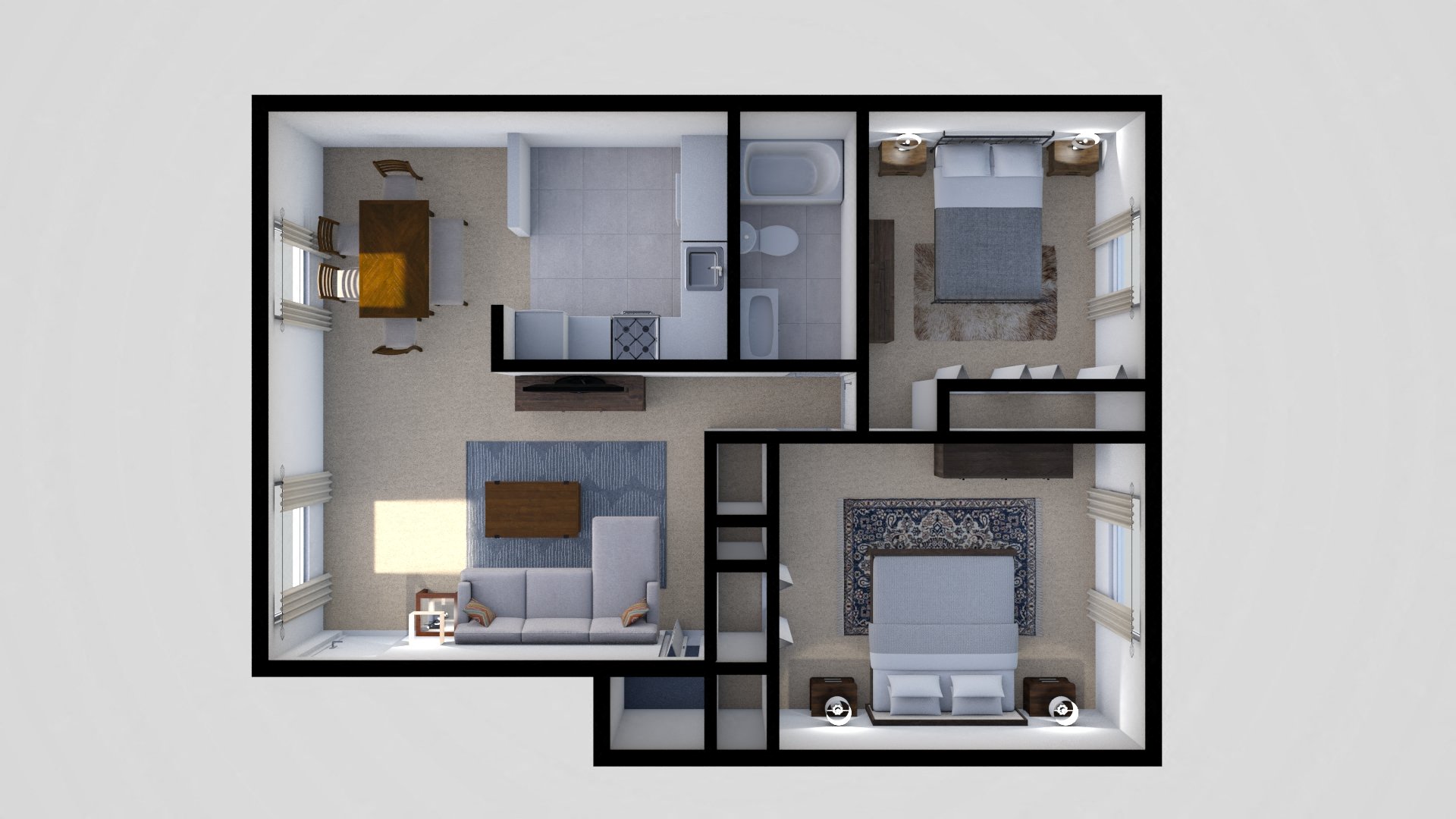Floor plan for 2 beds, 1 bath, 863 sqft
